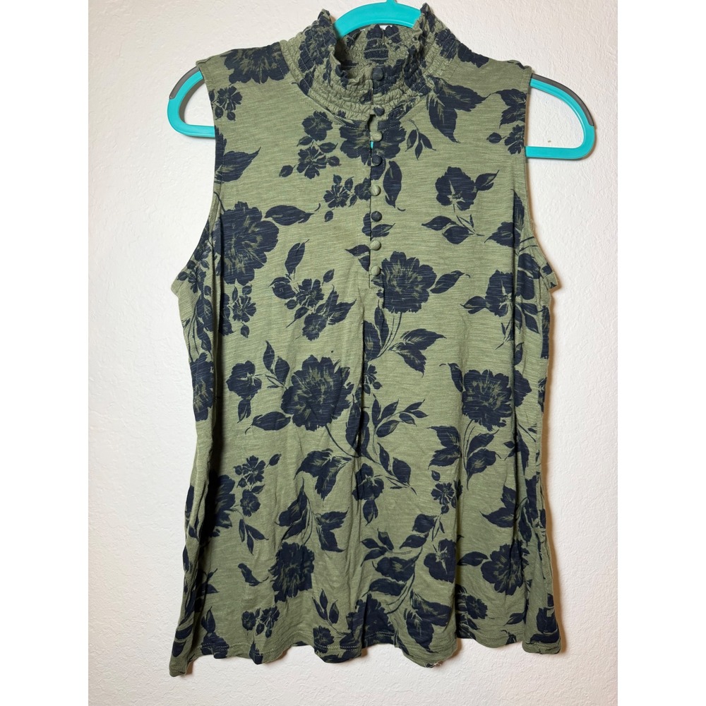J. Jill Green Floral Smocked High Neck Sleeveless Top Cotton Tencel Modal Medium